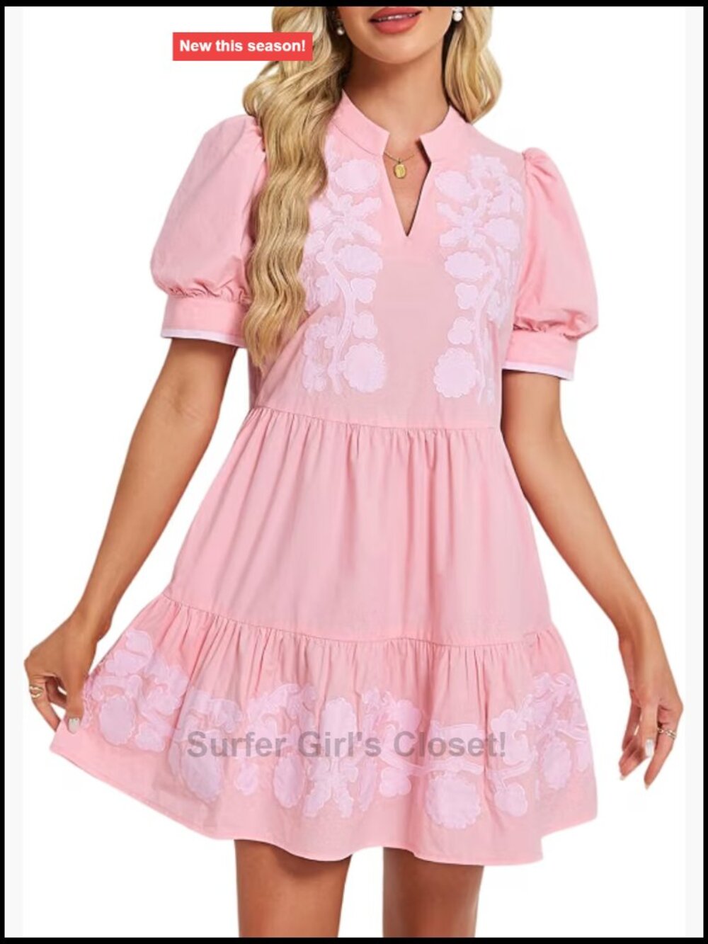 Embroidered Puff Sleeve Babydoll Mini Dress V-Neck A-Line Cotton